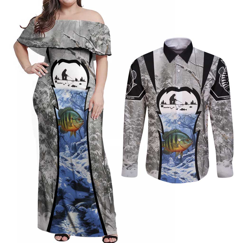 Custom Bluegill Ice Fishing Winter Camo Couples Matching Off Shoulder Maxi Dress and Long Sleeve Button Shirt with Snowy Forest Background Colorful Fish - Wonder Print Shop