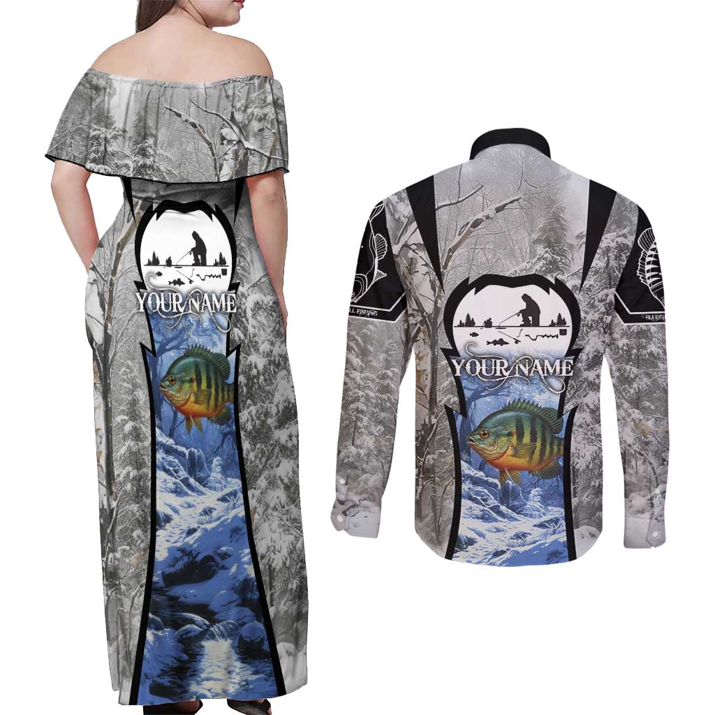 Custom Bluegill Ice Fishing Winter Camo Couples Matching Off Shoulder Maxi Dress and Long Sleeve Button Shirt with Snowy Forest Background Colorful Fish - Wonder Print Shop