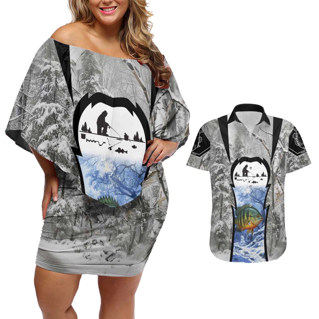 Custom Bluegill Ice Fishing Winter Camo Couples Matching Off Shoulder Short Dress and Hawaiian Shirt with Snowy Forest Background Colorful Fish - Wonder Print Shop