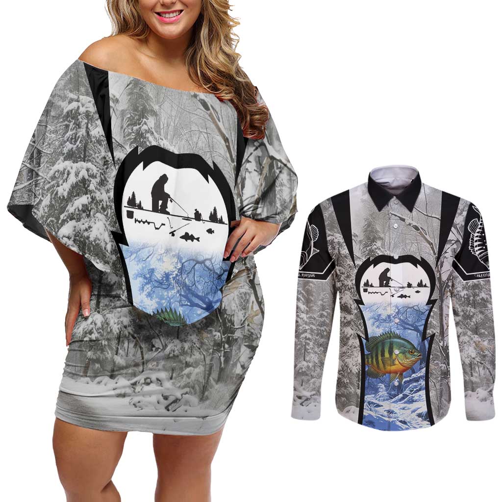 Custom Bluegill Ice Fishing Winter Camo Couples Matching Off Shoulder Short Dress and Long Sleeve Button Shirt with Snowy Forest Background Colorful Fish - Wonder Print Shop