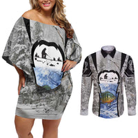 Custom Bluegill Ice Fishing Winter Camo Couples Matching Off Shoulder Short Dress and Long Sleeve Button Shirt with Snowy Forest Background Colorful Fish - Wonder Print Shop