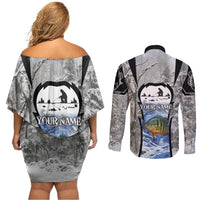 Custom Bluegill Ice Fishing Winter Camo Couples Matching Off Shoulder Short Dress and Long Sleeve Button Shirt with Snowy Forest Background Colorful Fish - Wonder Print Shop