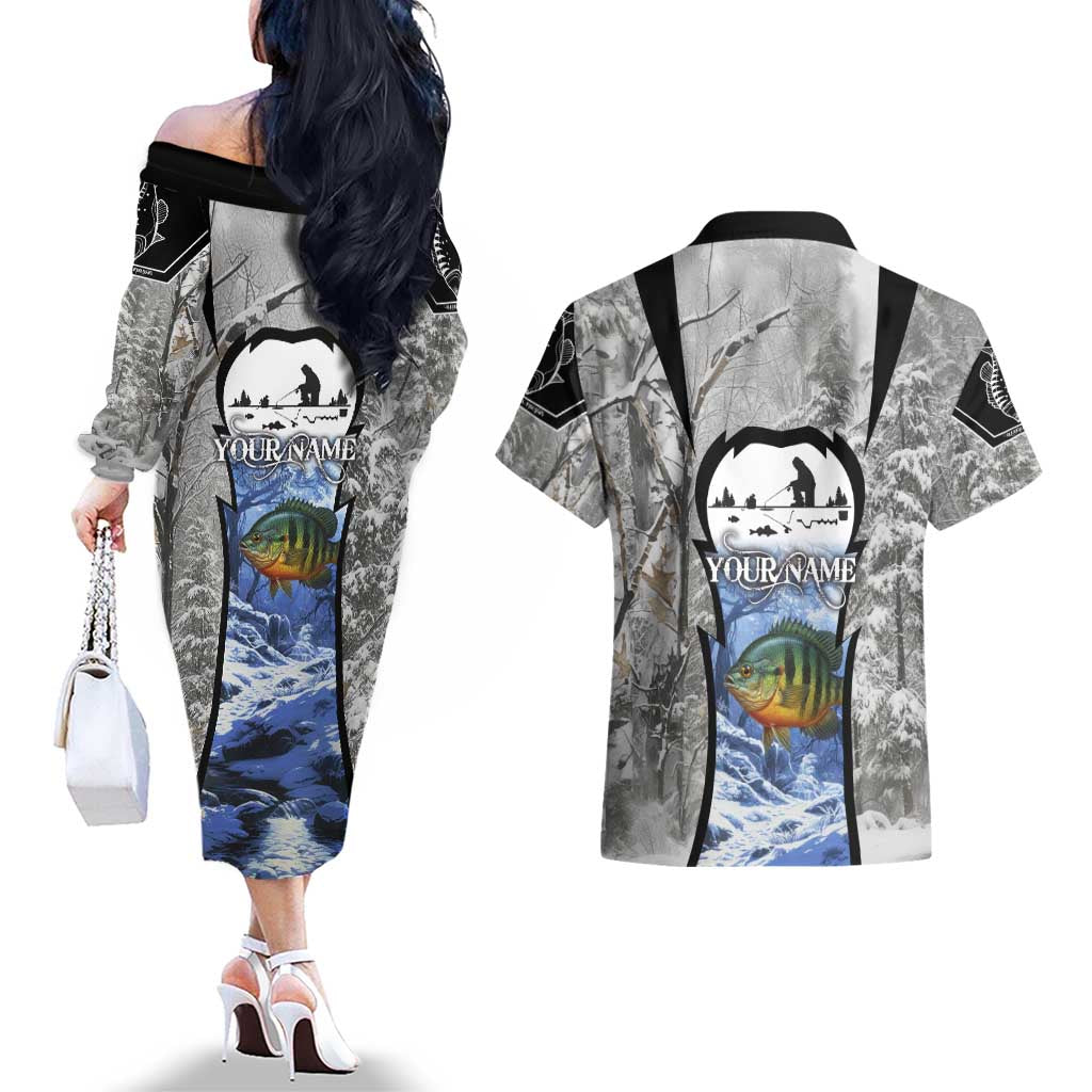 Custom Bluegill Ice Fishing Winter Camo Couples Matching Off The Shoulder Long Sleeve Dress and Hawaiian Shirt with Snowy Forest Background Colorful Fish - Wonder Print Shop
