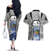Custom Bluegill Ice Fishing Winter Camo Couples Matching Off The Shoulder Long Sleeve Dress and Hawaiian Shirt with Snowy Forest Background Colorful Fish - Wonder Print Shop