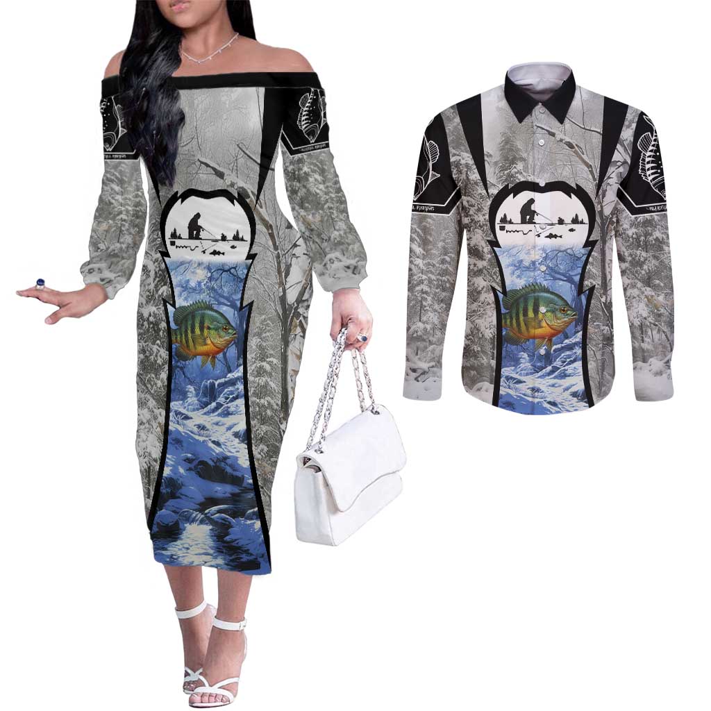 Custom Bluegill Ice Fishing Winter Camo Couples Matching Off The Shoulder Long Sleeve Dress and Long Sleeve Button Shirt with Snowy Forest Background Colorful Fish - Wonder Print Shop