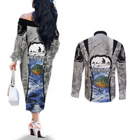 Custom Bluegill Ice Fishing Winter Camo Couples Matching Off The Shoulder Long Sleeve Dress and Long Sleeve Button Shirt with Snowy Forest Background Colorful Fish - Wonder Print Shop