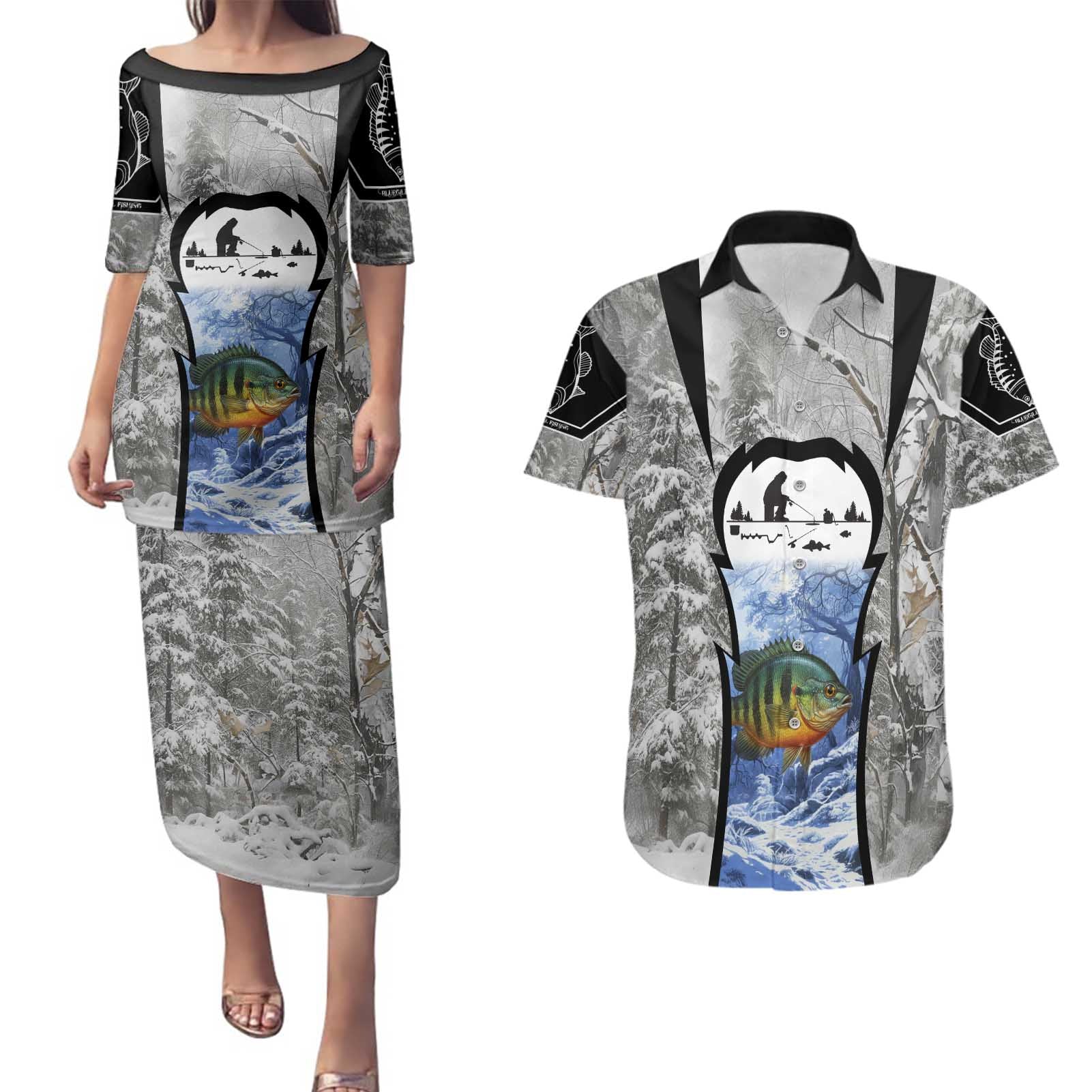 Custom Bluegill Ice Fishing Winter Camo Couples Matching Puletasi and Hawaiian Shirt with Snowy Forest Background Colorful Fish - Wonder Print Shop