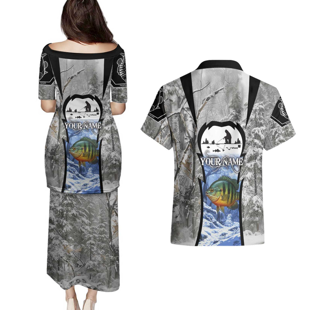 Custom Bluegill Ice Fishing Winter Camo Couples Matching Puletasi and Hawaiian Shirt with Snowy Forest Background Colorful Fish - Wonder Print Shop