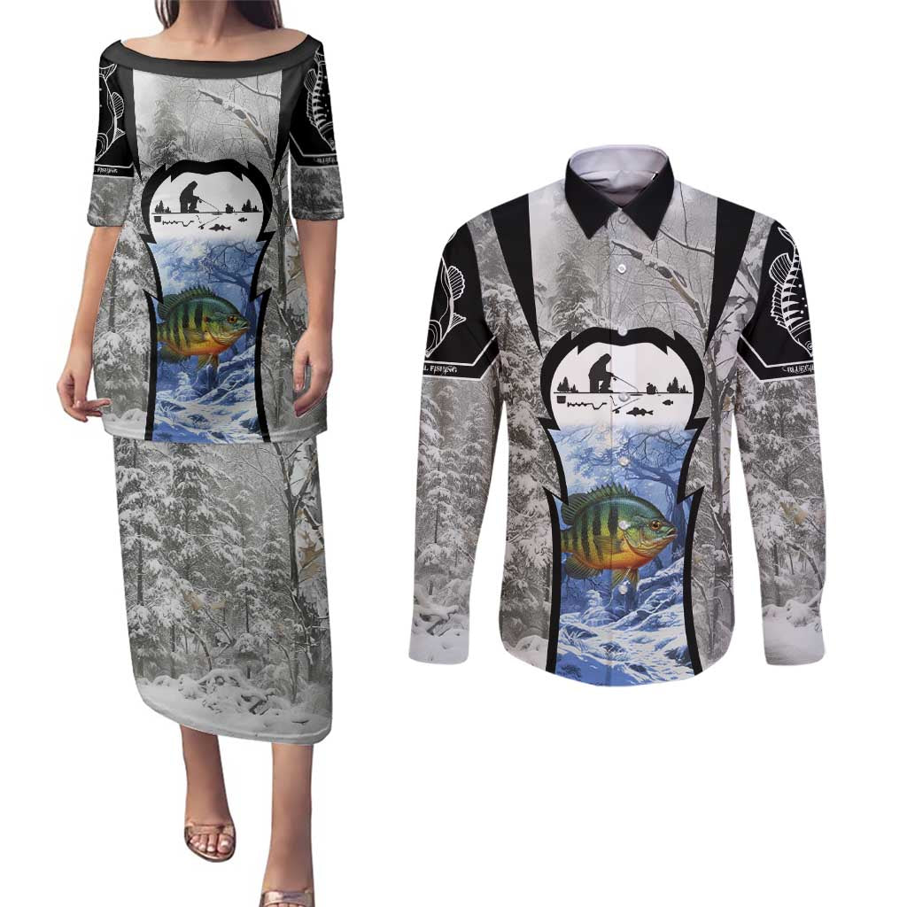 Custom Bluegill Ice Fishing Winter Camo Couples Matching Puletasi and Long Sleeve Button Shirt with Snowy Forest Background Colorful Fish - Wonder Print Shop