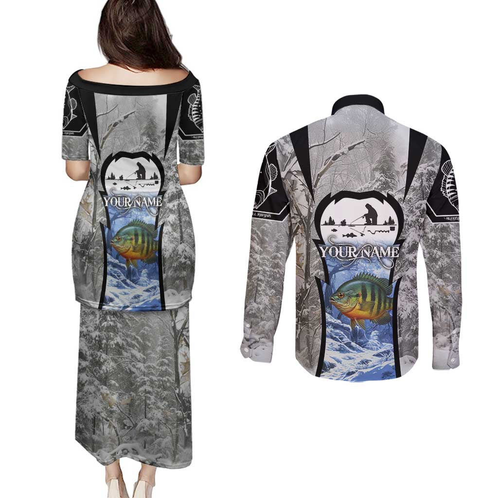 Custom Bluegill Ice Fishing Winter Camo Couples Matching Puletasi and Long Sleeve Button Shirt with Snowy Forest Background Colorful Fish - Wonder Print Shop