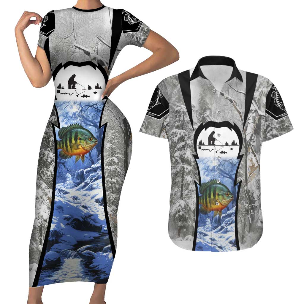 Custom Bluegill Ice Fishing Winter Camo Couples Matching Short Sleeve Bodycon Dress and Hawaiian Shirt with Snowy Forest Background Colorful Fish - Wonder Print Shop