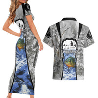 Custom Bluegill Ice Fishing Winter Camo Couples Matching Short Sleeve Bodycon Dress and Hawaiian Shirt with Snowy Forest Background Colorful Fish - Wonder Print Shop