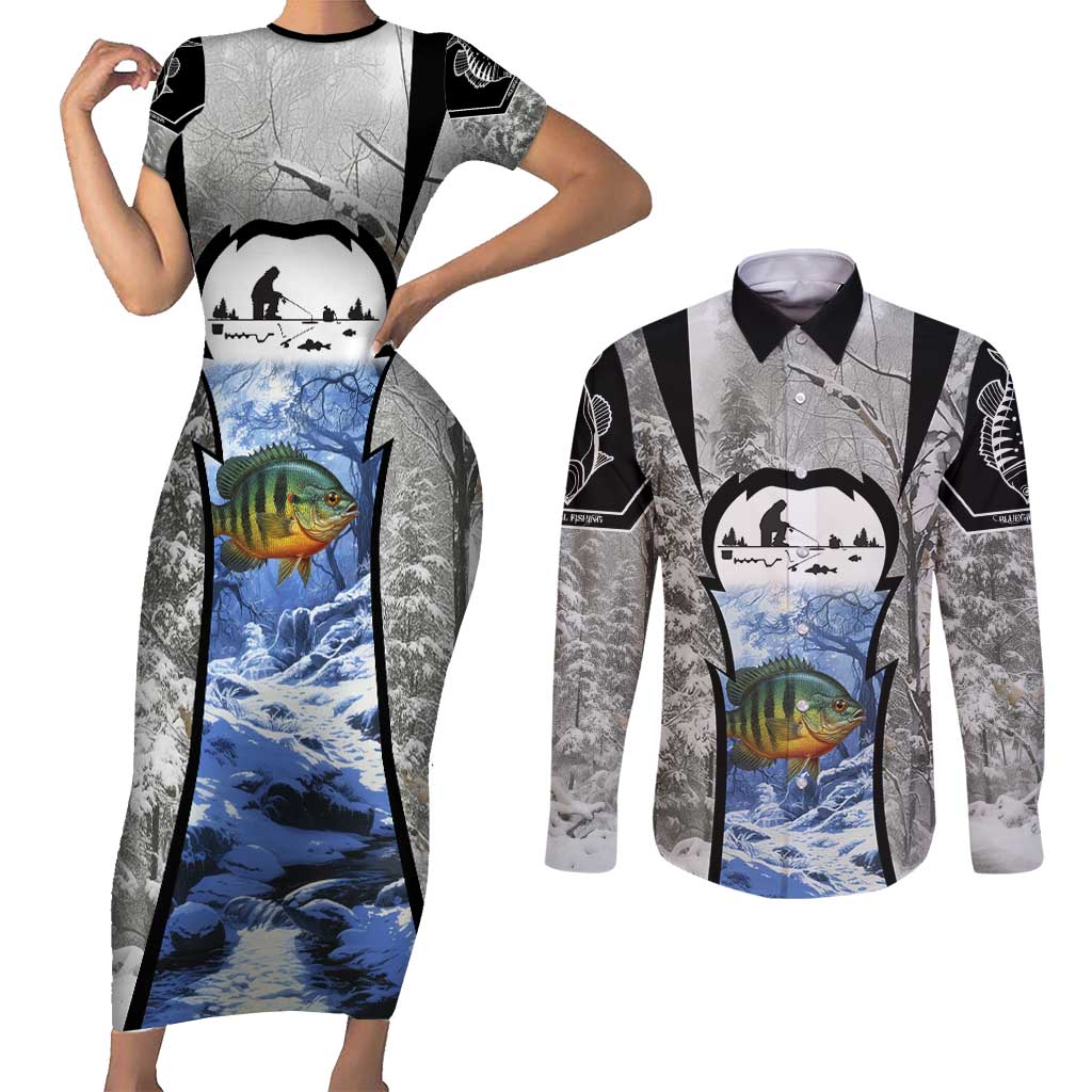 Custom Bluegill Ice Fishing Winter Camo Couples Matching Short Sleeve Bodycon Dress and Long Sleeve Button Shirt with Snowy Forest Background Colorful Fish - Wonder Print Shop