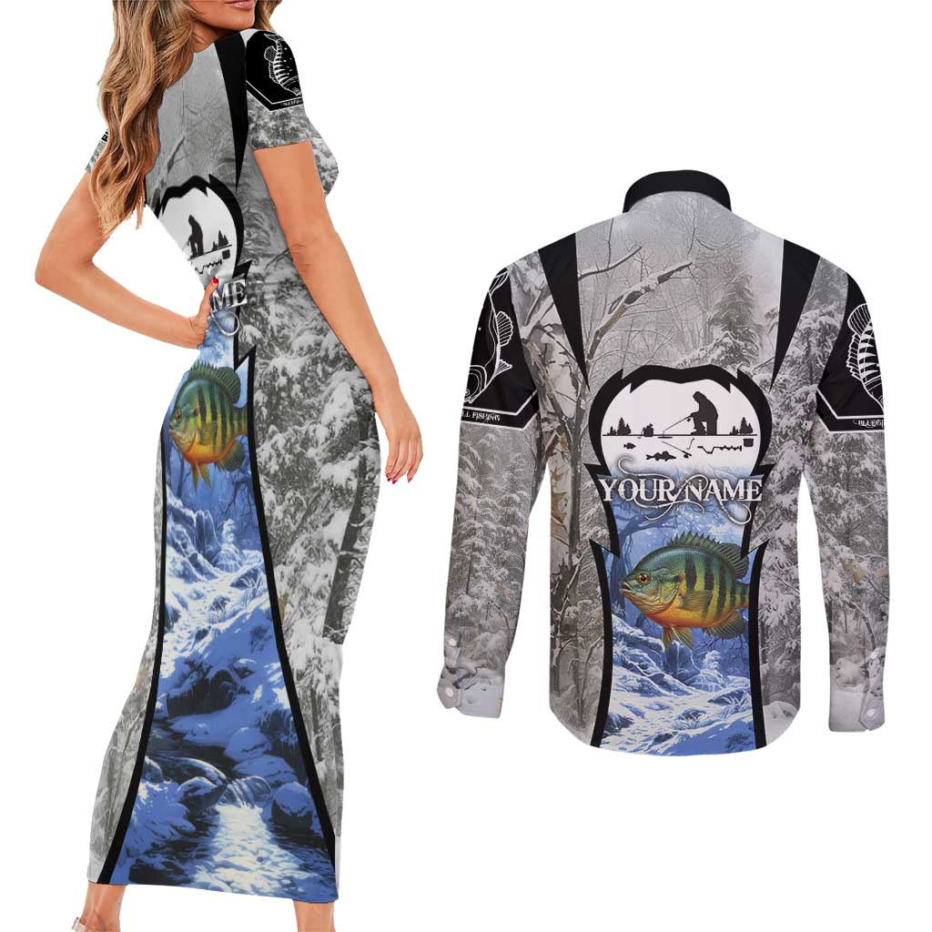 Custom Bluegill Ice Fishing Winter Camo Couples Matching Short Sleeve Bodycon Dress and Long Sleeve Button Shirt with Snowy Forest Background Colorful Fish - Wonder Print Shop