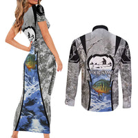 Custom Bluegill Ice Fishing Winter Camo Couples Matching Short Sleeve Bodycon Dress and Long Sleeve Button Shirt with Snowy Forest Background Colorful Fish - Wonder Print Shop