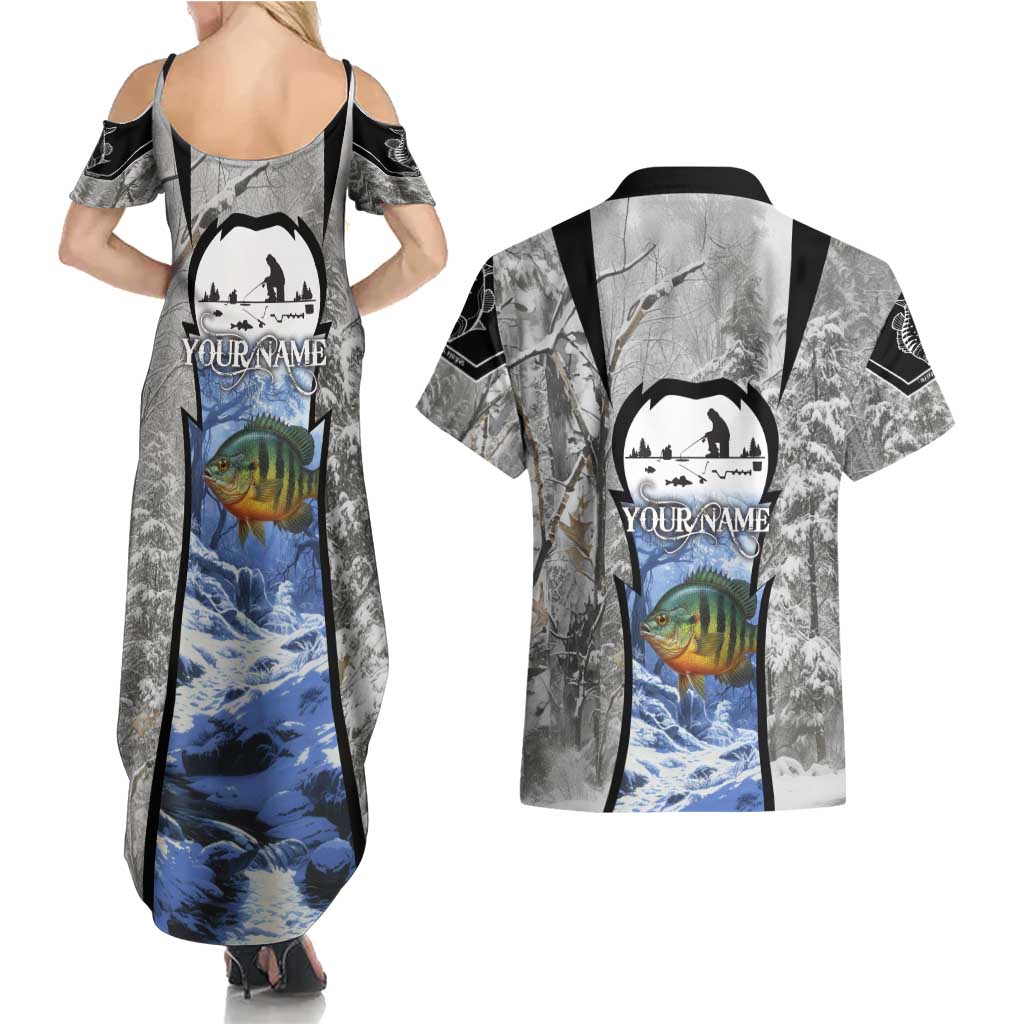 Custom Bluegill Ice Fishing Winter Camo Couples Matching Summer Maxi Dress and Hawaiian Shirt with Snowy Forest Background Colorful Fish - Wonder Print Shop