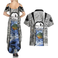 Custom Bluegill Ice Fishing Winter Camo Couples Matching Summer Maxi Dress and Hawaiian Shirt with Snowy Forest Background Colorful Fish - Wonder Print Shop