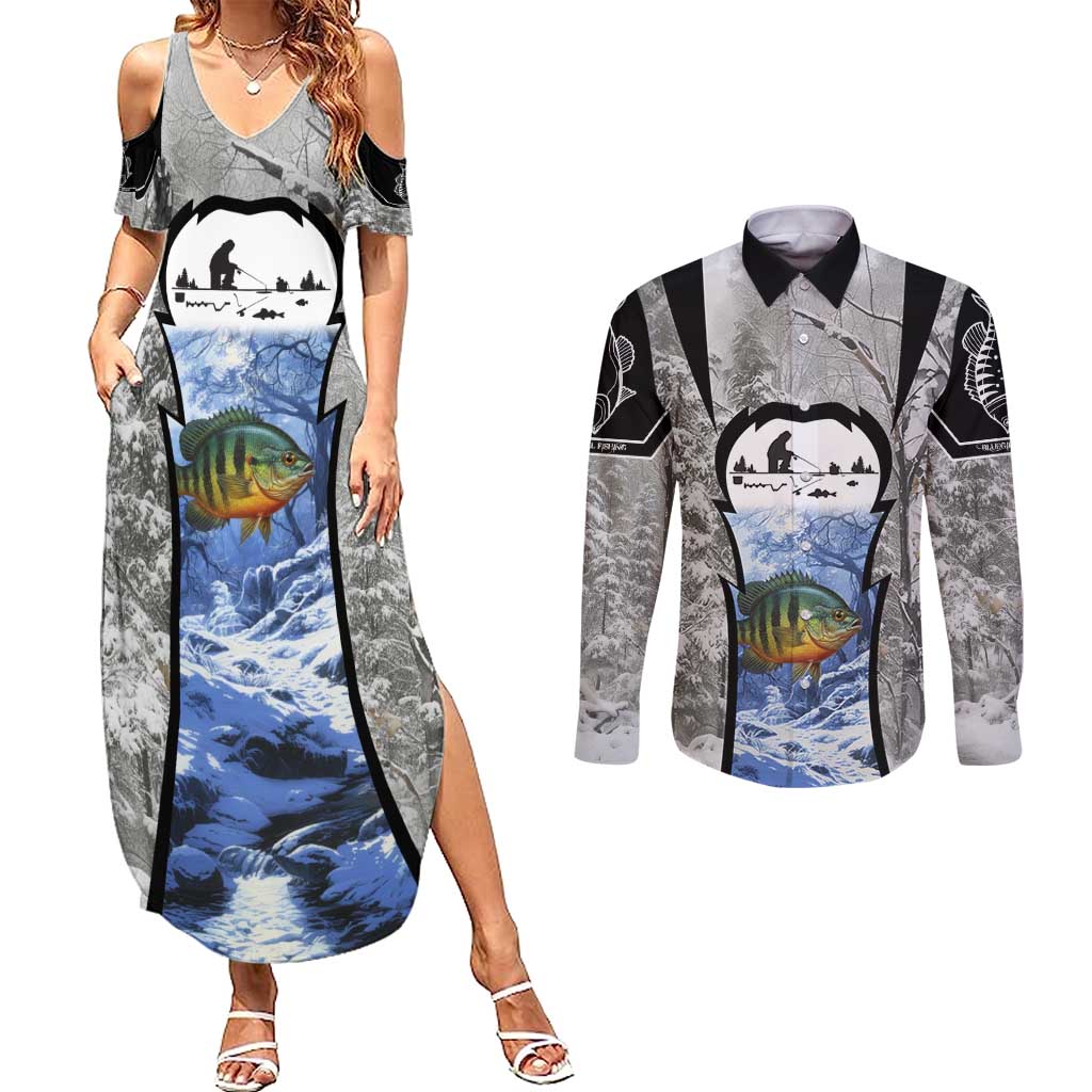 Custom Bluegill Ice Fishing Winter Camo Couples Matching Summer Maxi Dress and Long Sleeve Button Shirt with Snowy Forest Background Colorful Fish - Wonder Print Shop