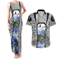 Custom Bluegill Ice Fishing Winter Camo Couples Matching Tank Maxi Dress and Hawaiian Shirt with Snowy Forest Background Colorful Fish - Wonder Print Shop