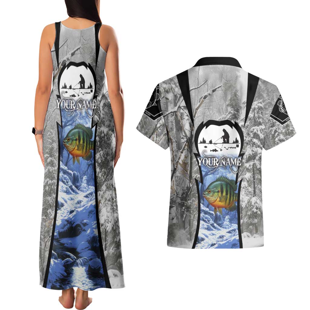 Custom Bluegill Ice Fishing Winter Camo Couples Matching Tank Maxi Dress and Hawaiian Shirt with Snowy Forest Background Colorful Fish - Wonder Print Shop