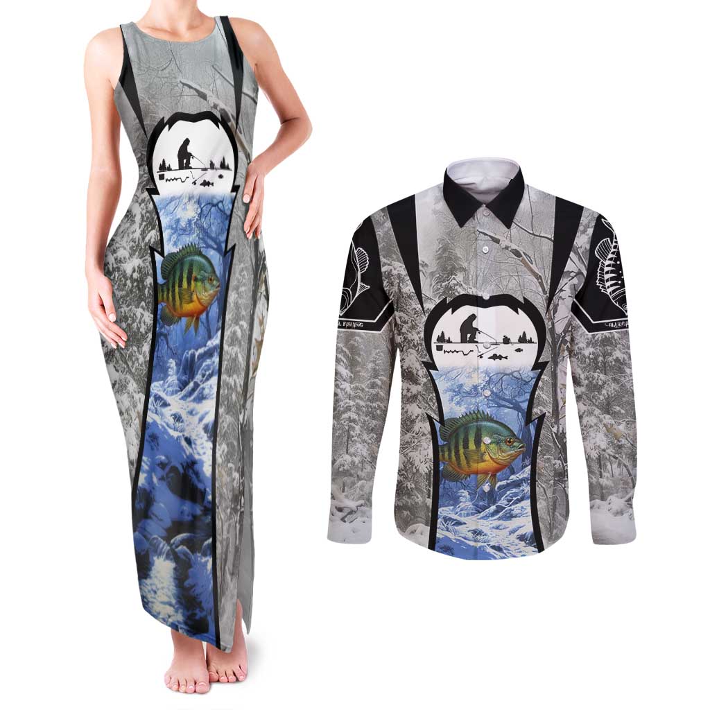 Custom Bluegill Ice Fishing Winter Camo Couples Matching Tank Maxi Dress and Long Sleeve Button Shirt with Snowy Forest Background Colorful Fish - Wonder Print Shop