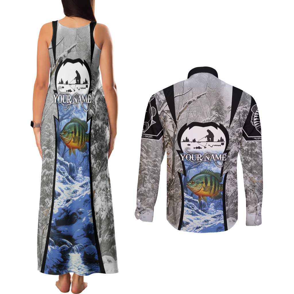 Custom Bluegill Ice Fishing Winter Camo Couples Matching Tank Maxi Dress and Long Sleeve Button Shirt with Snowy Forest Background Colorful Fish - Wonder Print Shop