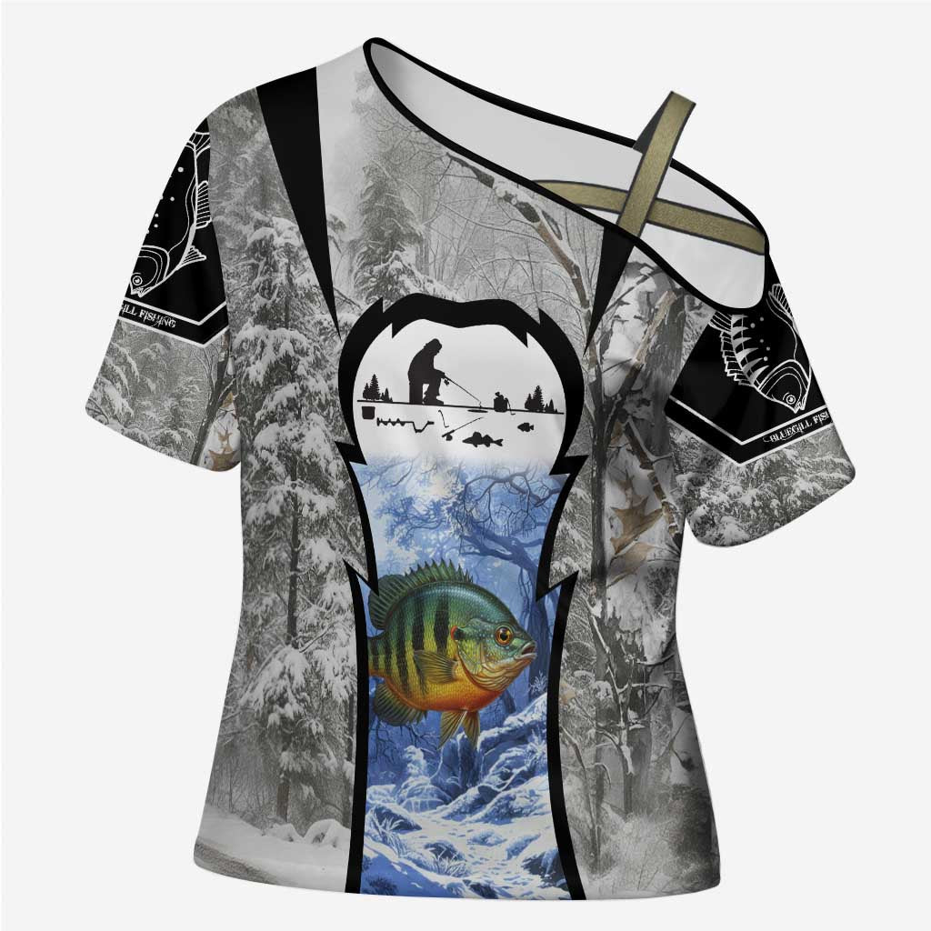 Custom Bluegill Ice Fishing Winter Camo Cross Shoulder Shirt with Snowy Forest Background Colorful Fish - Wonder Print Shop
