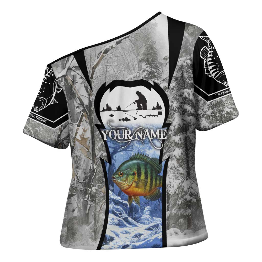 Custom Bluegill Ice Fishing Winter Camo Cross Shoulder Shirt with Snowy Forest Background Colorful Fish - Wonder Print Shop