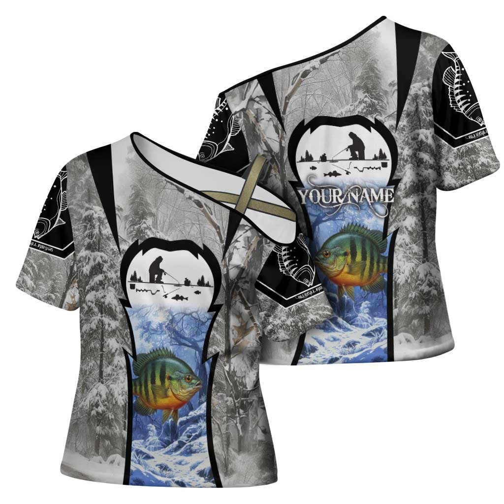Custom Bluegill Ice Fishing Winter Camo Cross Shoulder Shirt with Snowy Forest Background Colorful Fish - Wonder Print Shop