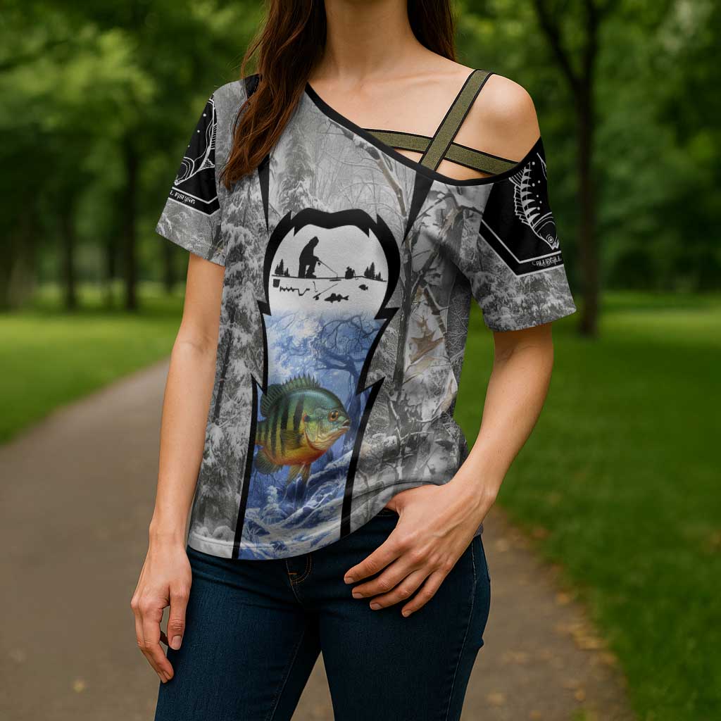 Custom Bluegill Ice Fishing Winter Camo Cross Shoulder Shirt with Snowy Forest Background Colorful Fish - Wonder Print Shop