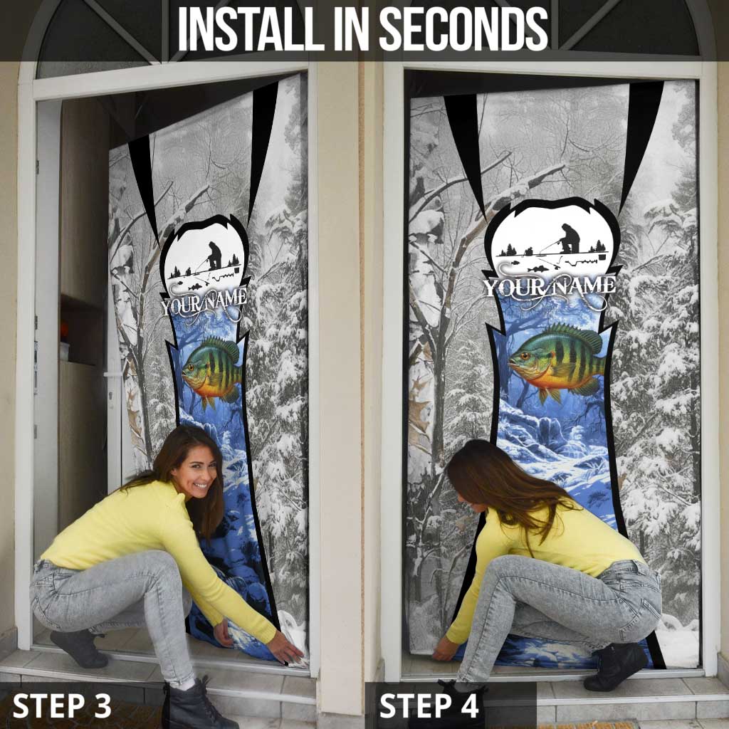 Custom Bluegill Ice Fishing Winter Camo Door Cover with Snowy Forest Background Colorful Fish - Wonder Print Shop