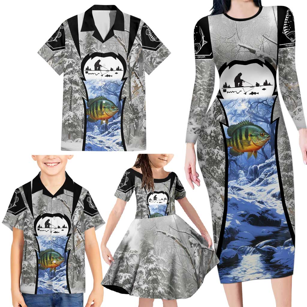 Custom Bluegill Ice Fishing Winter Camo Family Matching Long Sleeve Bodycon Dress and Hawaiian Shirt with Snowy Forest Background Colorful Fish - Wonder Print Shop