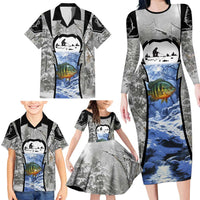Custom Bluegill Ice Fishing Winter Camo Family Matching Long Sleeve Bodycon Dress and Hawaiian Shirt with Snowy Forest Background Colorful Fish - Wonder Print Shop