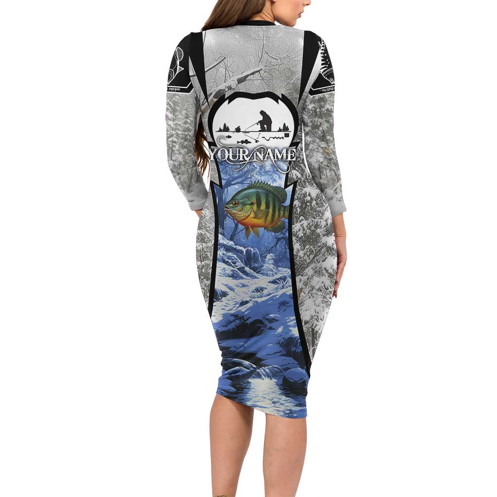 Custom Bluegill Ice Fishing Winter Camo Family Matching Long Sleeve Bodycon Dress and Hawaiian Shirt with Snowy Forest Background Colorful Fish - Wonder Print Shop