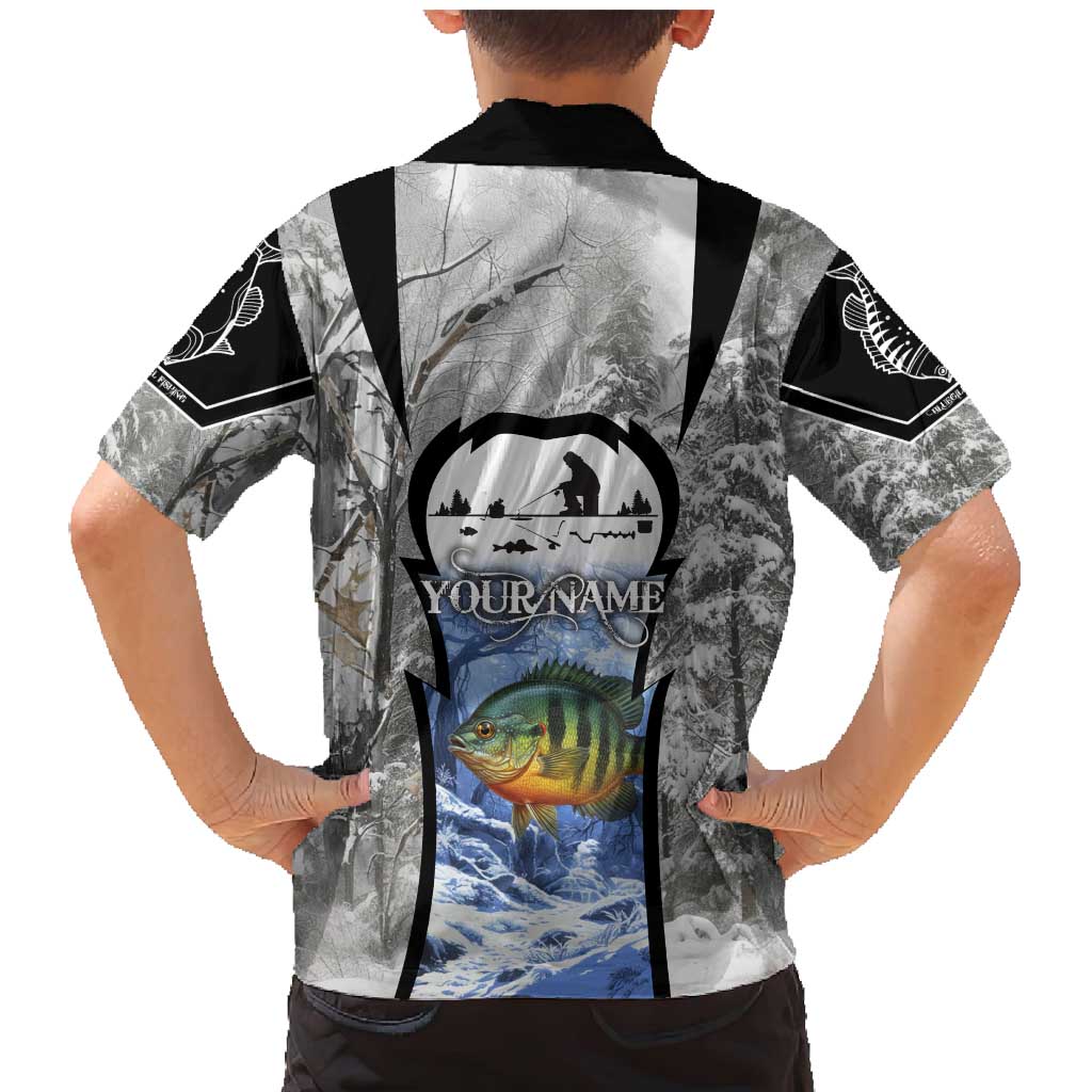 Custom Bluegill Ice Fishing Winter Camo Family Matching Mermaid Dress and Hawaiian Shirt with Snowy Forest Background Colorful Fish - Wonder Print Shop