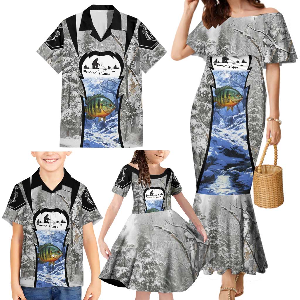 Custom Bluegill Ice Fishing Winter Camo Family Matching Mermaid Dress and Hawaiian Shirt with Snowy Forest Background Colorful Fish - Wonder Print Shop