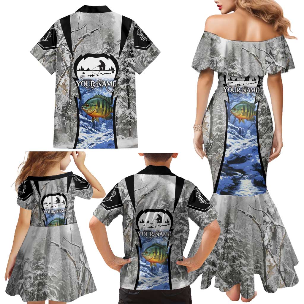 Custom Bluegill Ice Fishing Winter Camo Family Matching Mermaid Dress and Hawaiian Shirt with Snowy Forest Background Colorful Fish - Wonder Print Shop