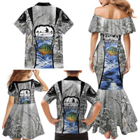 Custom Bluegill Ice Fishing Winter Camo Family Matching Mermaid Dress and Hawaiian Shirt with Snowy Forest Background Colorful Fish - Wonder Print Shop
