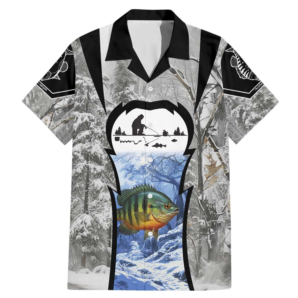 Custom Bluegill Ice Fishing Winter Camo Family Matching Mermaid Dress and Hawaiian Shirt with Snowy Forest Background Colorful Fish - Wonder Print Shop