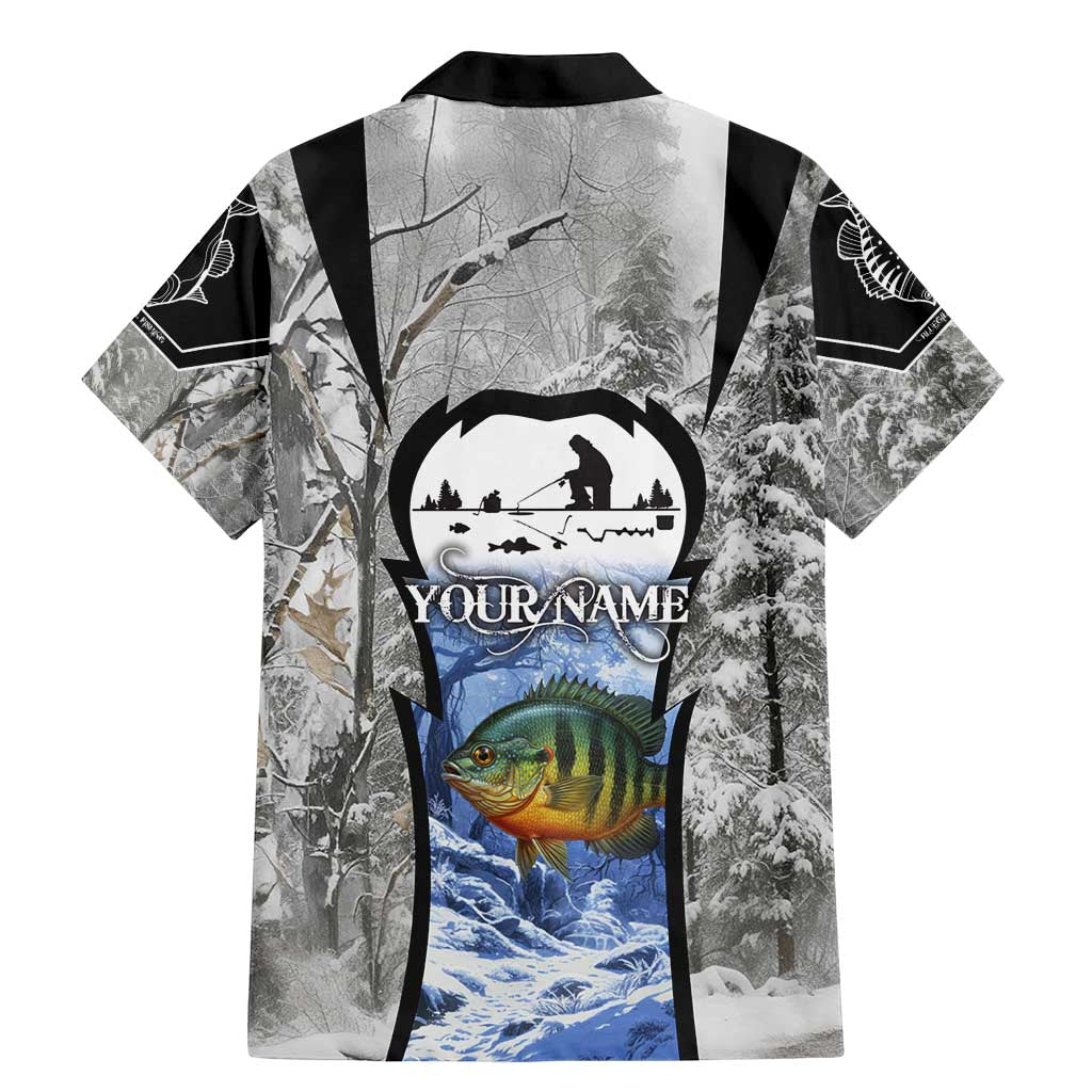 Custom Bluegill Ice Fishing Winter Camo Family Matching Mermaid Dress and Hawaiian Shirt with Snowy Forest Background Colorful Fish - Wonder Print Shop