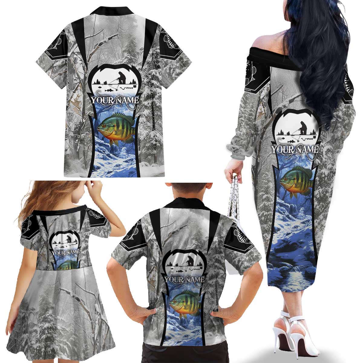 Custom Bluegill Ice Fishing Winter Camo Family Matching Off The Shoulder Long Sleeve Dress and Hawaiian Shirt with Snowy Forest Background Colorful Fish - Wonder Print Shop