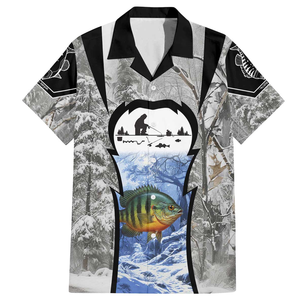 Custom Bluegill Ice Fishing Winter Camo Family Matching Off The Shoulder Long Sleeve Dress and Hawaiian Shirt with Snowy Forest Background Colorful Fish - Wonder Print Shop
