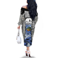 Custom Bluegill Ice Fishing Winter Camo Family Matching Off The Shoulder Long Sleeve Dress and Hawaiian Shirt with Snowy Forest Background Colorful Fish - Wonder Print Shop