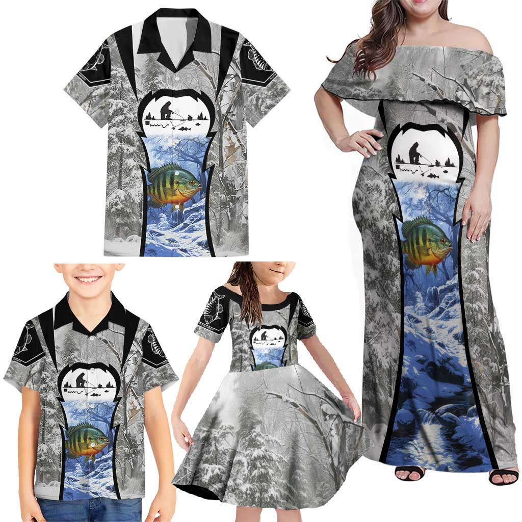 Custom Bluegill Ice Fishing Winter Camo Family Matching Off Shoulder Maxi Dress and Hawaiian Shirt with Snowy Forest Background Colorful Fish - Wonder Print Shop