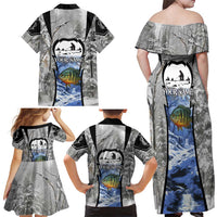 Custom Bluegill Ice Fishing Winter Camo Family Matching Off Shoulder Maxi Dress and Hawaiian Shirt with Snowy Forest Background Colorful Fish - Wonder Print Shop