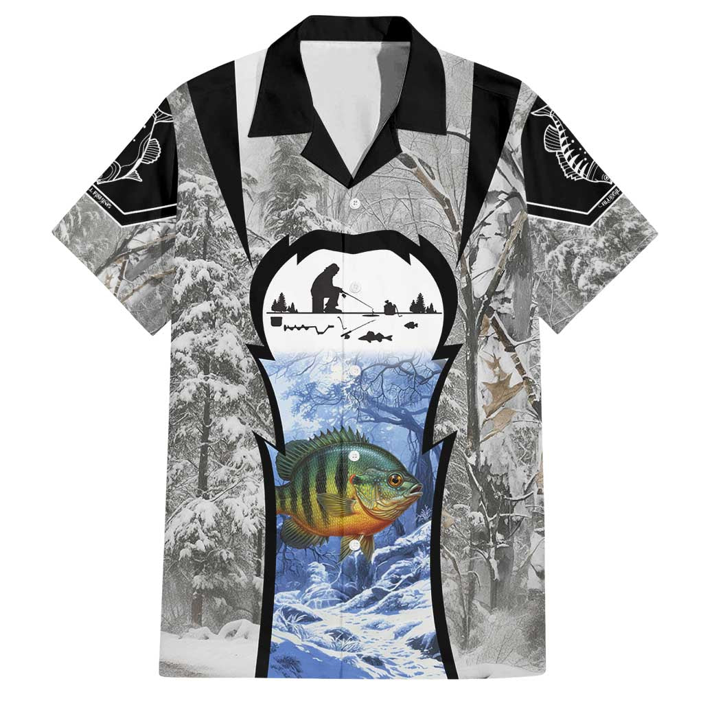 Custom Bluegill Ice Fishing Winter Camo Family Matching Off Shoulder Maxi Dress and Hawaiian Shirt with Snowy Forest Background Colorful Fish - Wonder Print Shop