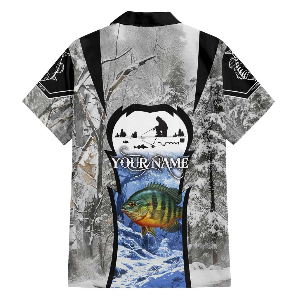 Custom Bluegill Ice Fishing Winter Camo Family Matching Off Shoulder Maxi Dress and Hawaiian Shirt with Snowy Forest Background Colorful Fish - Wonder Print Shop