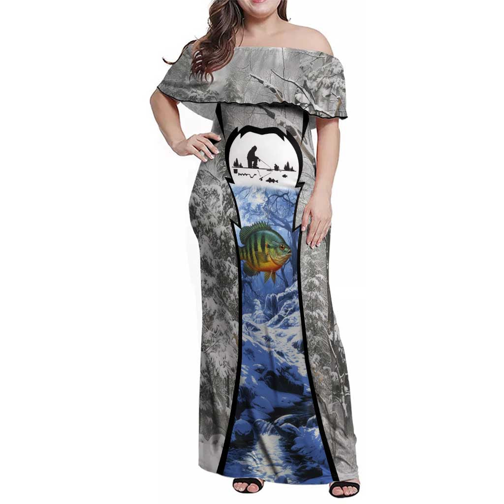 Custom Bluegill Ice Fishing Winter Camo Family Matching Off Shoulder Maxi Dress and Hawaiian Shirt with Snowy Forest Background Colorful Fish - Wonder Print Shop