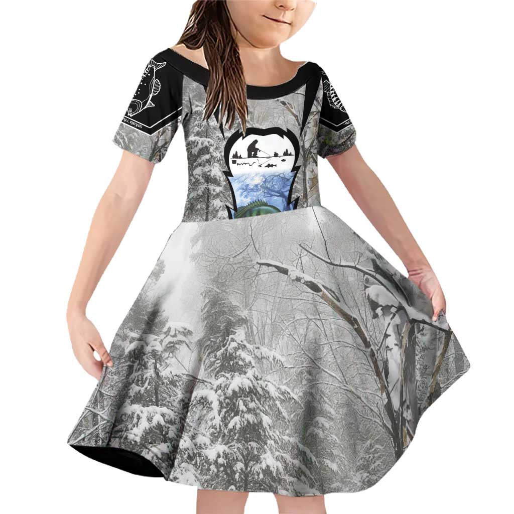 Custom Bluegill Ice Fishing Winter Camo Family Matching Off Shoulder Short Dress and Hawaiian Shirt with Snowy Forest Background Colorful Fish - Wonder Print Shop