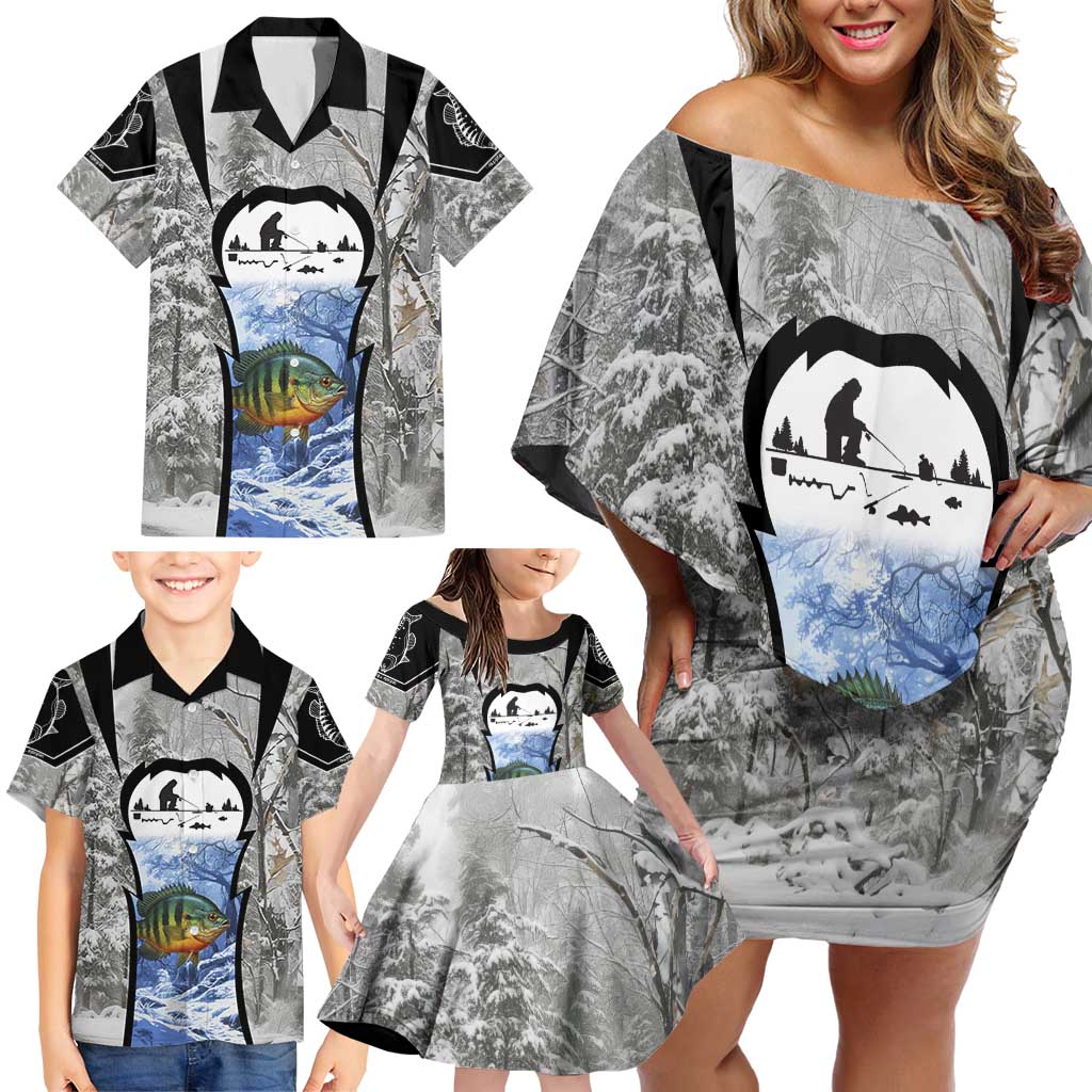 Custom Bluegill Ice Fishing Winter Camo Family Matching Off Shoulder Short Dress and Hawaiian Shirt with Snowy Forest Background Colorful Fish - Wonder Print Shop